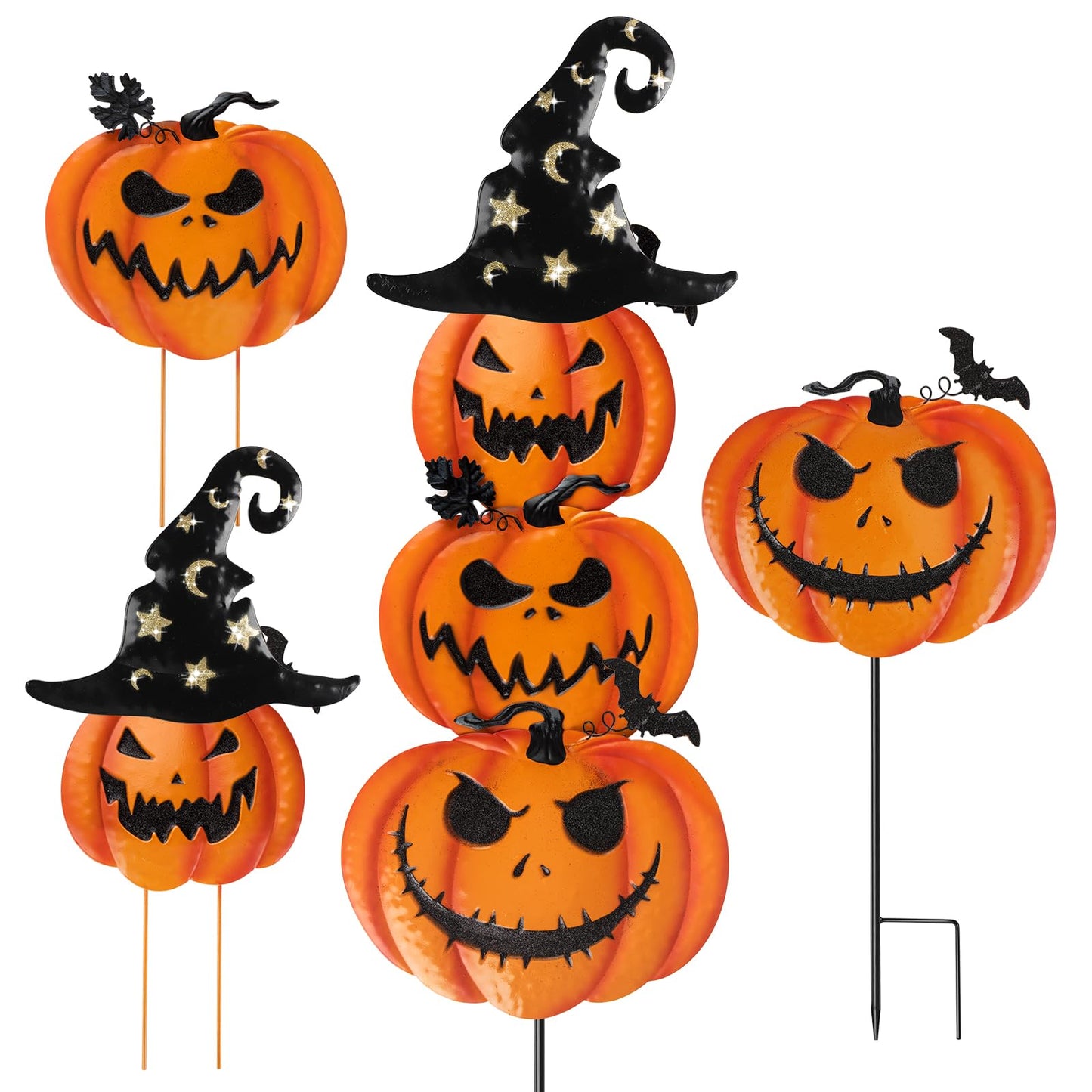 Halloween Garden Stakes, Stacked Metal Pumpkins Jack-o-Lantern Lawn Decor with Witch Hat, Shimmering Halloween Yard Signs Stake Decorative Pumpkin Stake for Outdoor Patio Pathway Home Decorations (A)