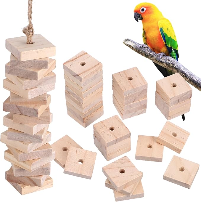 NOLITOY Parrot Toys: 100PCS Wooden Chewing Blocks, Thick Natural Wood for Bird Chew Training, DIY Cage Toys for Parakeet Budgie Conure Macaw Cockatoo