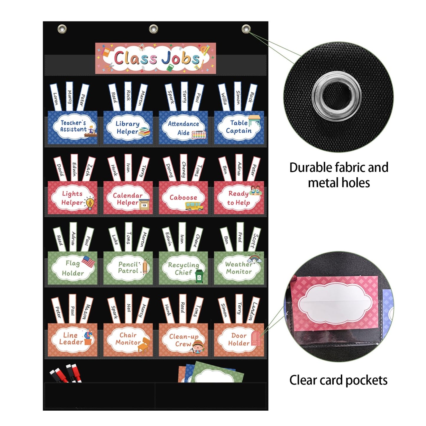REGELETO Class Jobs Pocket Chart with 17 Pockets and 2 Storage Bags,73 Cards Class Management Educational Pocket Chart Teacher's Helper Size: 32.6" L x 19.6 H Bulletin Board for Classroom (Black)