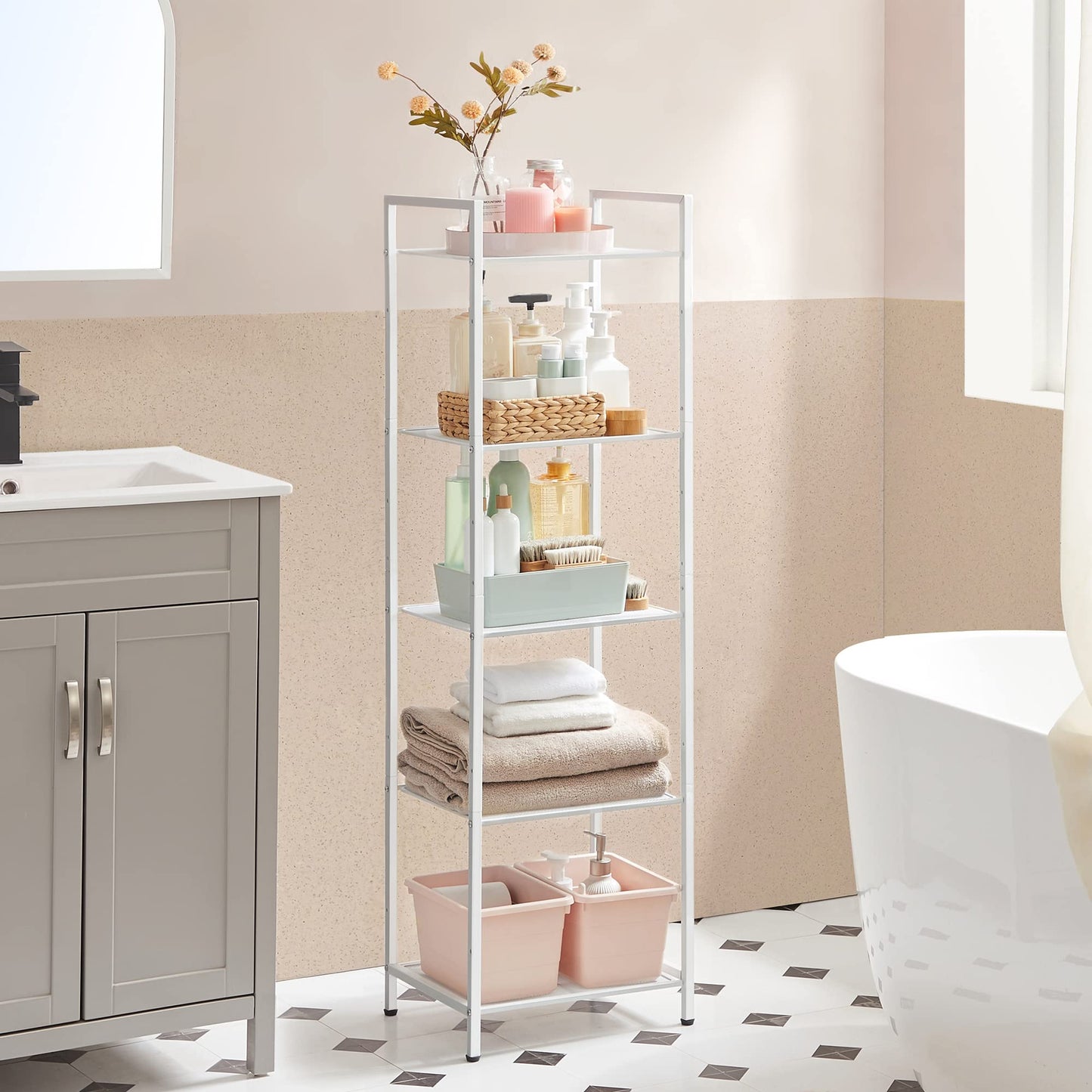 SONGMICS 5-Tier Storage Rack, Bathroom Shelf, Extendable Plant Stand with Adjustable Shelf, for Bathroom, Living Room, Balcony, Kitchen, White UBSC035W01