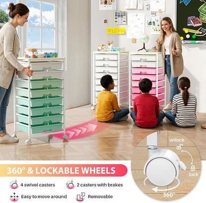 Goovilla Rolling Cart with Drawers, Utility Cart Organizer With 8 Removable Drawers and Wooden Tabletop, Lockable Rolling Storage Organizer for Art, Classroom, Home, Dorm, Office, Craft Storage, White