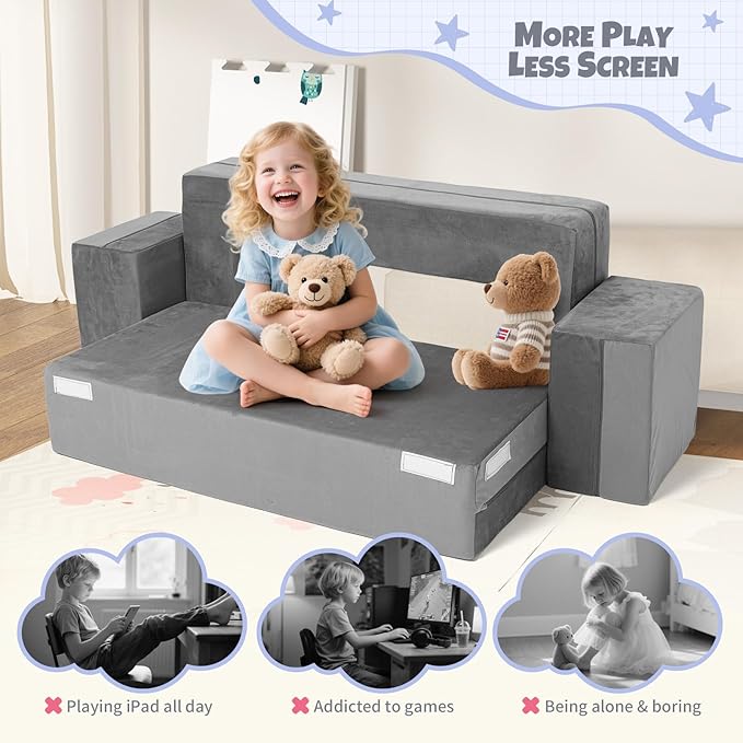 5 Pcs Modular Kids Play Couch, Toddler Couches That Fold Out, Plush Foam Chair