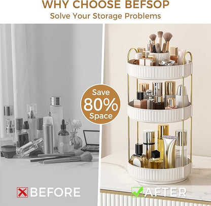 360° Rotating Makeup Organizer, Upgraded 3 Tier Skincare Perfume Organizers for Women, Bathroom Organizer Countertop, Clear Cosmetic Dresser Organizer with Makeup Brush Holder, Sink&Counter(White)