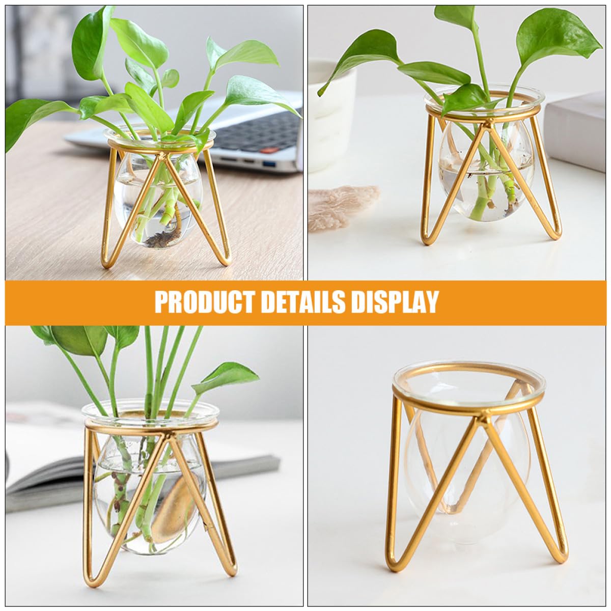 Ipetboom Glass Bulb Planter with Metal Stand, Small Gold Hydroponic Vase for Succulent Propagation, Desktop Glass Vase Holder for Indoor Plant Terrarium and Floral Arrangements