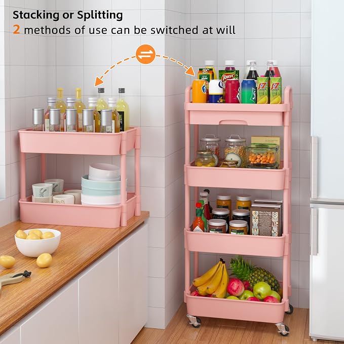 Calmootey 4-Tier Rolling Utility Cart with Drawer,Multifunctional Storage Organizer with Plastic Shelf & Metal Wheel,Storage Cart for Kitchen,Bathroom,Living Room,Office,Pink