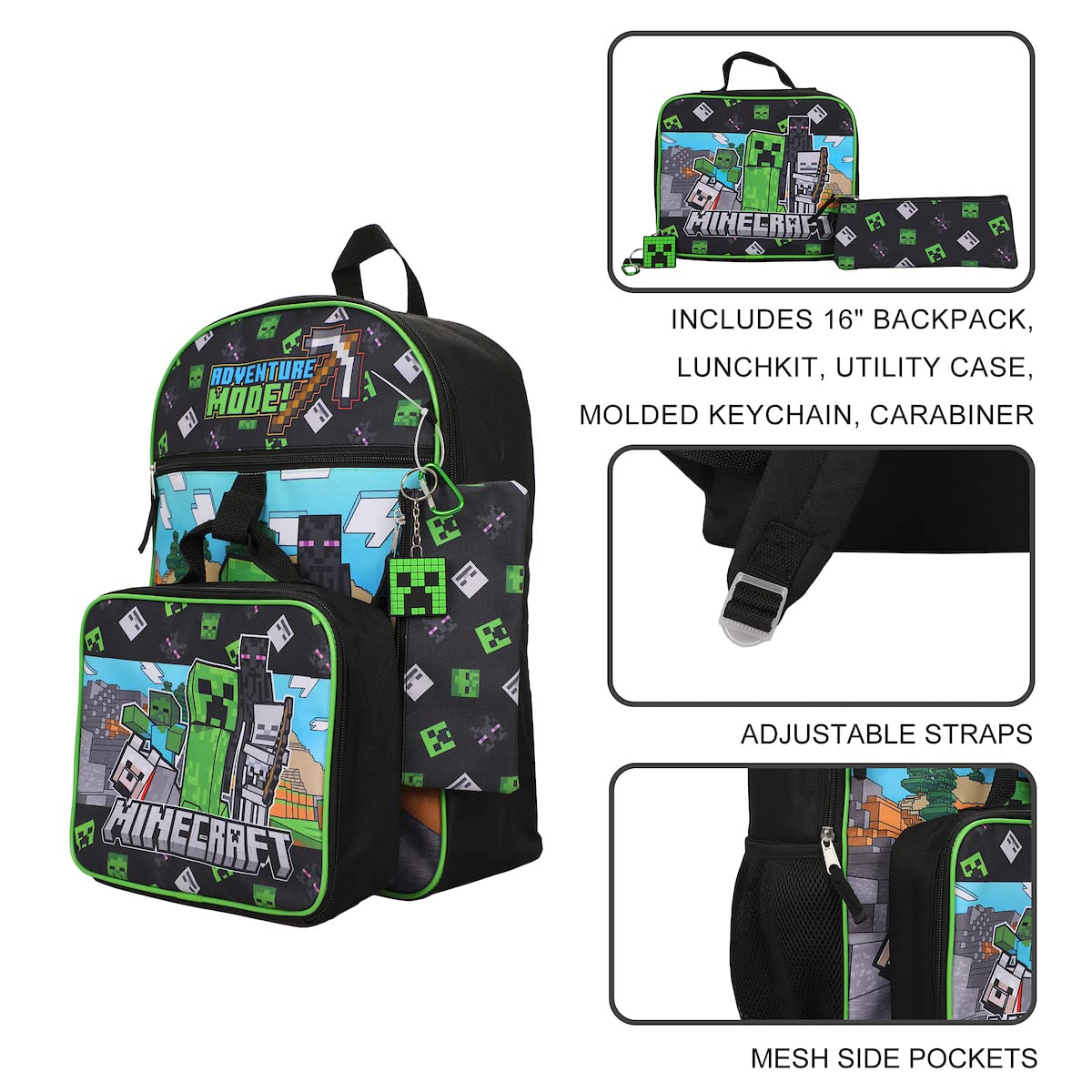 BIOWORLD Unisex Minecraft Adventure Mode 5-Piece Backpack set (Little Kid/Big Kid), Green, One size