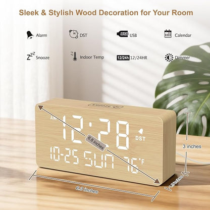 DreamSky Wooden Digital Alarm Clocks for Bedrooms with Date & Day of Week | Living Room Desk Clock, Temperature, USB Port, Dimmer Wheel, Adjustable Volume, Auto DST, Office Wood Decor (Plug-in)