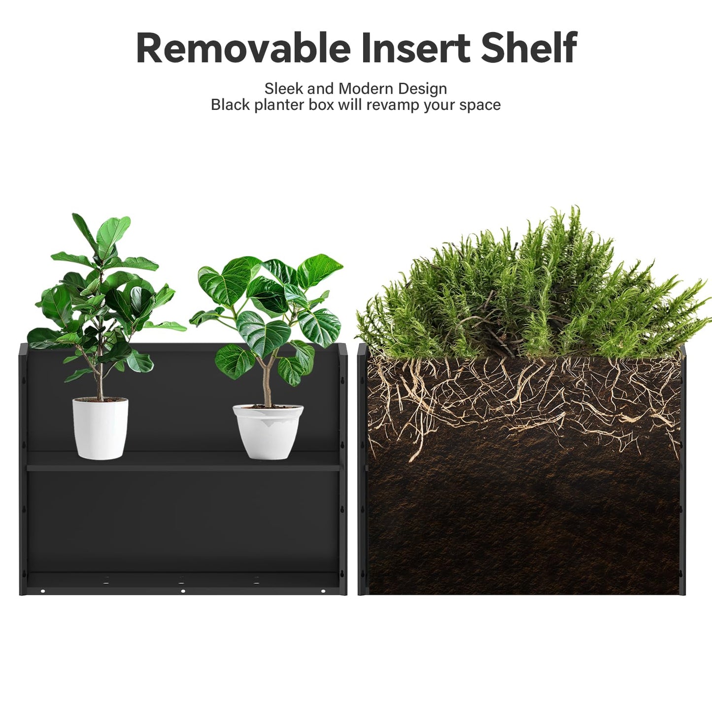 Ganeekiron Galvanized Steel Planter with Removable Insert Shelf & 4 Drainage Holes - 32x12x24 Inches Large Planters for Outdoor/Indoor Patio, Porch Black