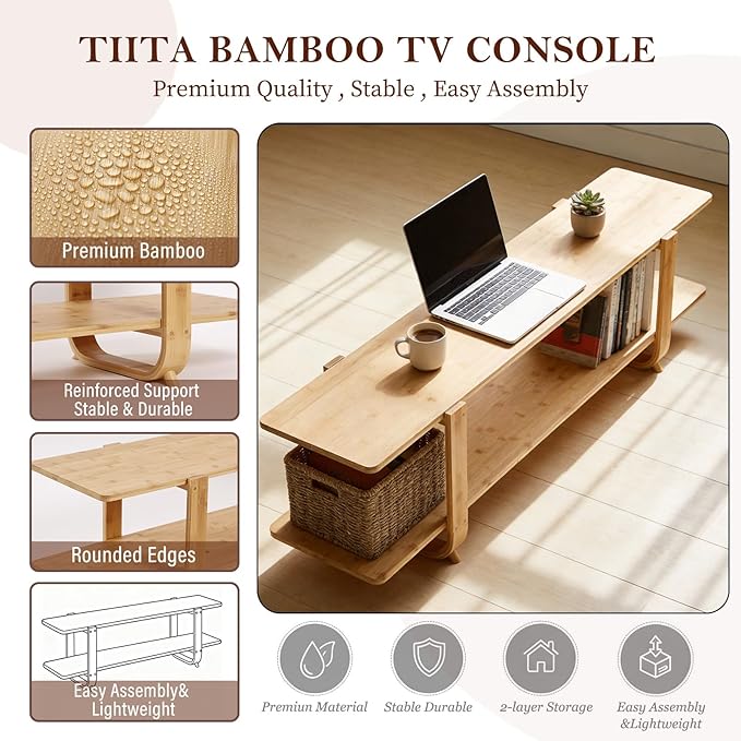 Tiita Bamboo TV Stand for 55 Inch TV, Entertainment Center