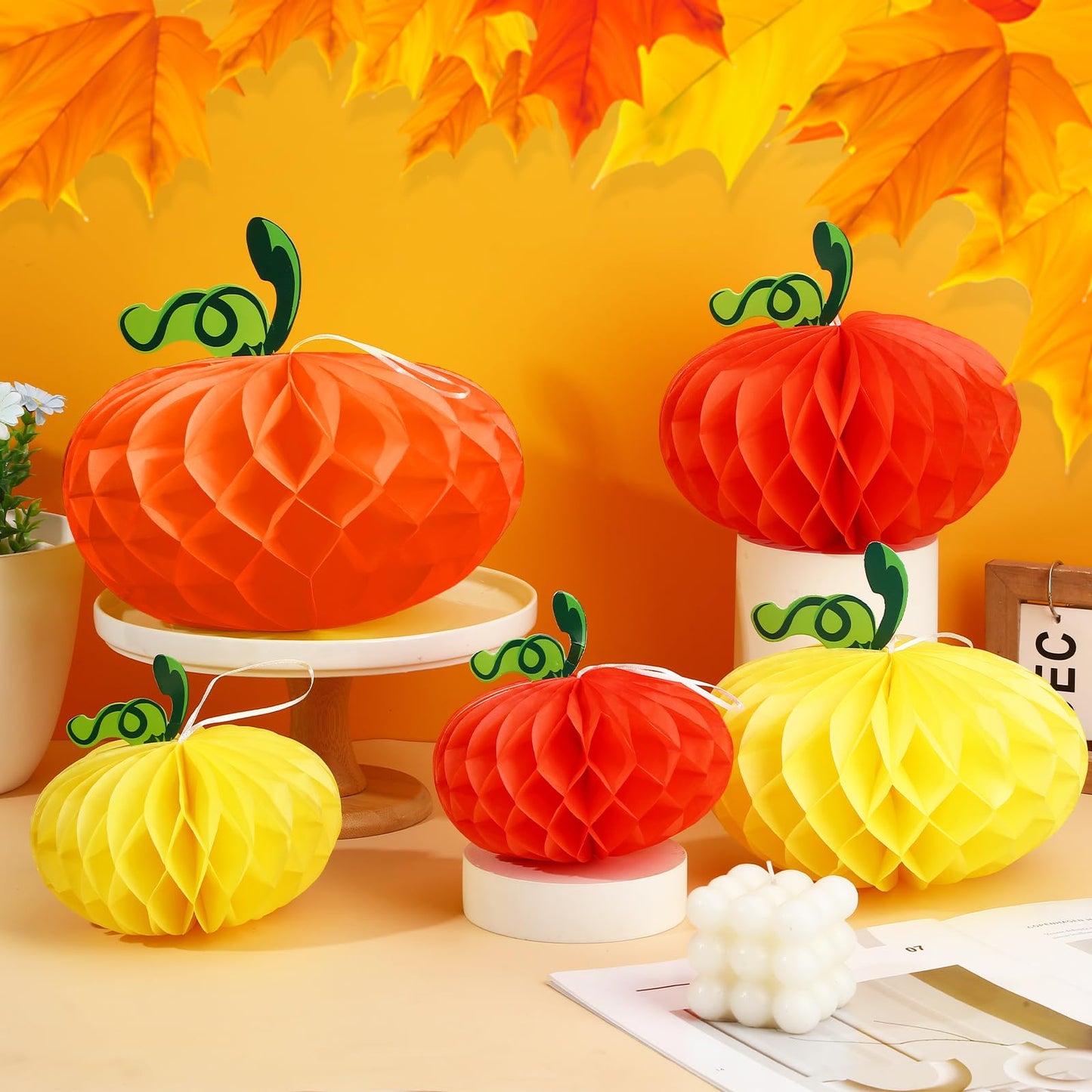 BOARDFEB 15PCS Pumpkin Honeycomb Decorations, Orange Red Yellow Honeycomb Fall Hanging Ornaments for Autumn Thanksgiving Party Favor Supplies