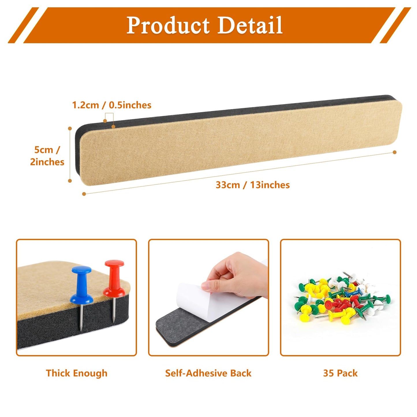 HULAVO 8Pcs Rectangle Felt Cork Board Bar Strips with 35 Pushpins, Self-Adhesive Bulletin Board Strips for Office School Home Wall Decor Stickers Memos Schedules Photos Display -Purple+Pink