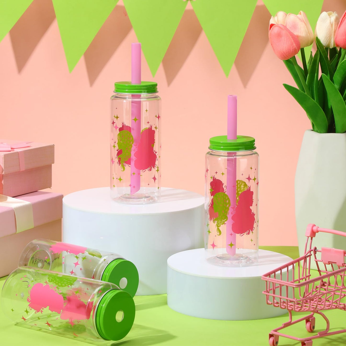 25 Pcs Witch Theme Party Decorations Bulk Reusable Plastic Cups 13.5 oz Pink and Green Drinking Tumblers with Lids Straws Witch Princess Party Favor Cup for Wizard Friendship Galentine Valentine Gift