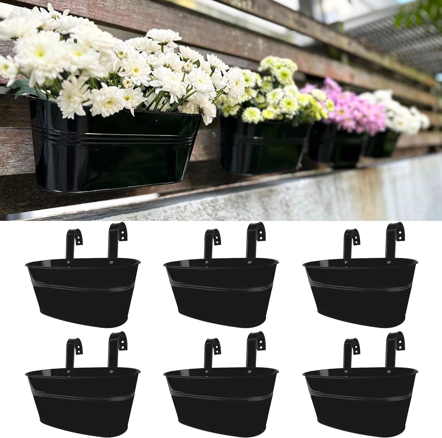Maxona Metal Iron Hanging Flower Pots, 6 Pack, 9.8 Inch Oval Black Railing Fence Hanging Bucket Pots Countryside Style Window Flower Plant Holder with Detachable Hooks Home Décor