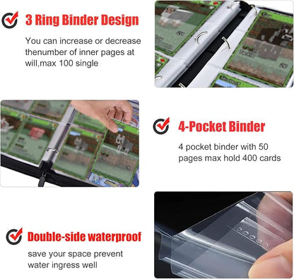 Card Binder with Shoulder Strap, 4 Pocket with 50 Sleeves up to 400 Cards, Waterproof Card Storage Book for Card Collectors, Game Cards Display Case