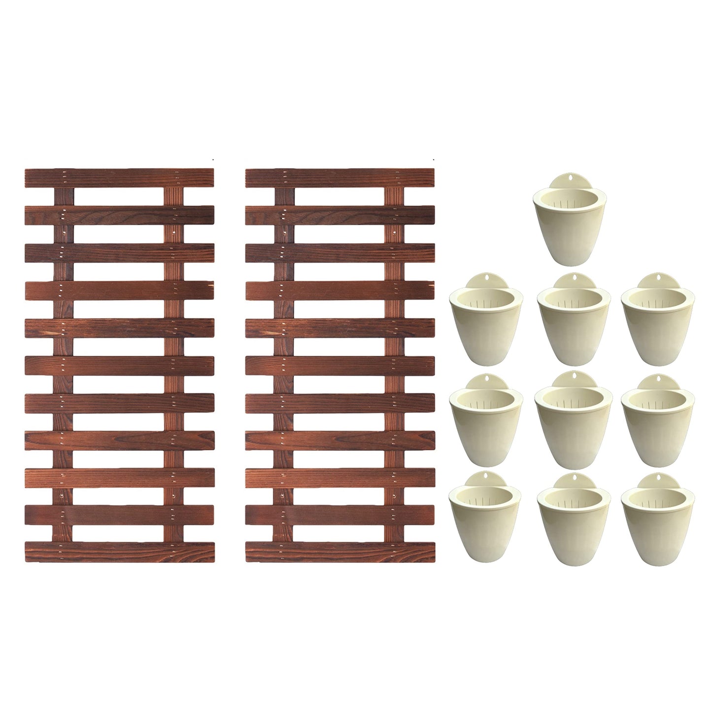 ShopLaLa Bundle- 2 Pack, 23.6 Inch Wooden Plant Holder + 10 Pack, 4 Inch White Self Watering Plastic Pot Modern Hydroponic Vertical Live Garden Display Wall Mount Plant Stand Home Living Room Decor