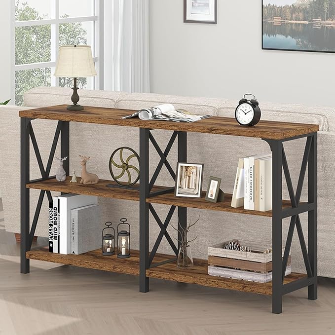 LVB Wood Console Table, Rustic 3 Tier Sofa Table Behind Couch, Industrial Metal
