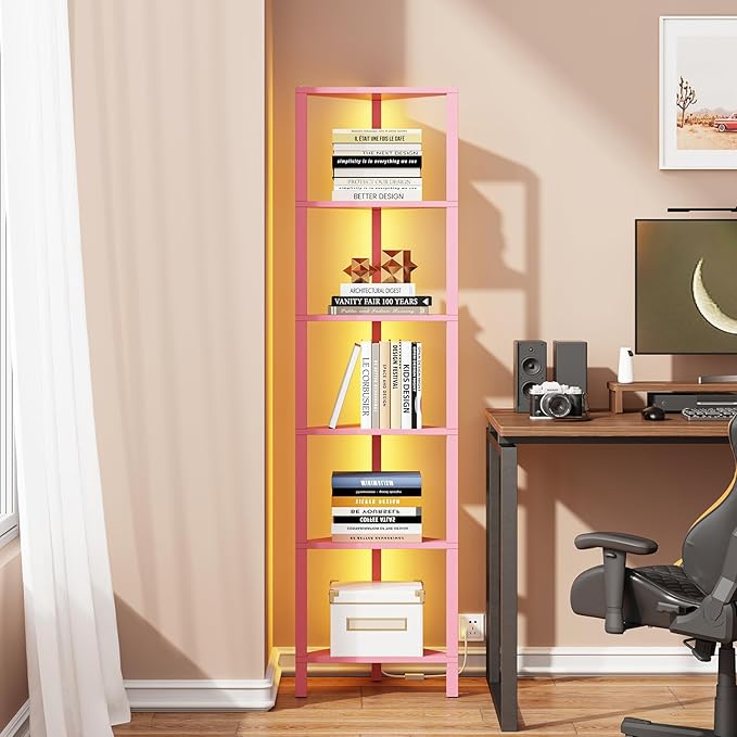 TUTOTAK Corner Shelf with LED Light, 6-Tier Corner Bookshelf