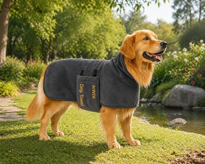 Dog Towel Dog Bathrobe, Microfiber Super Absorbent Pet, Quick Drying Robe for After Bath, Adjustable Collar & Belly Strap Pet Cat Bath Robe Towel Grey-M