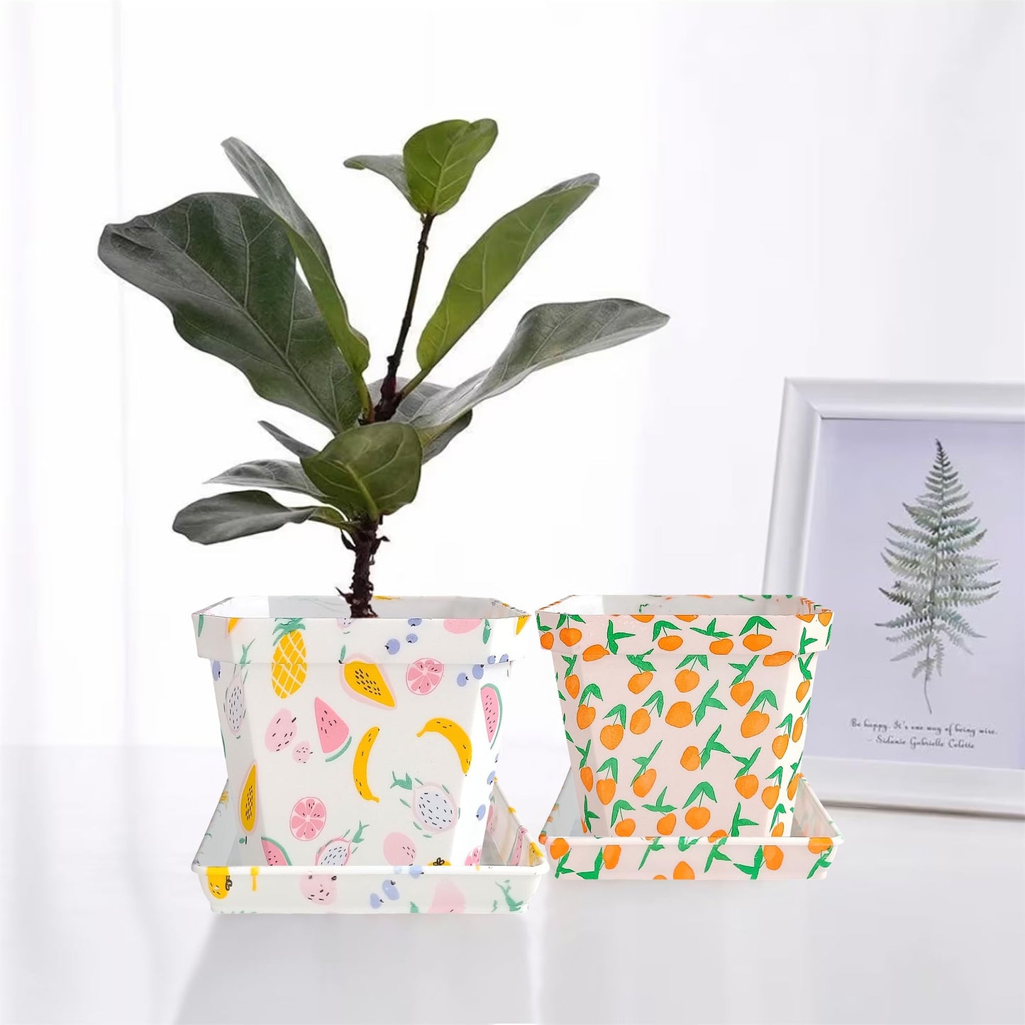 Plant Pots 4 Inch Square Plastic Decoration,Flower Pots Retro Design,Flower Pot with Drain Hole and Tray,for Outdoor Indoor Garden Home Plants (Fruit,4pcs)