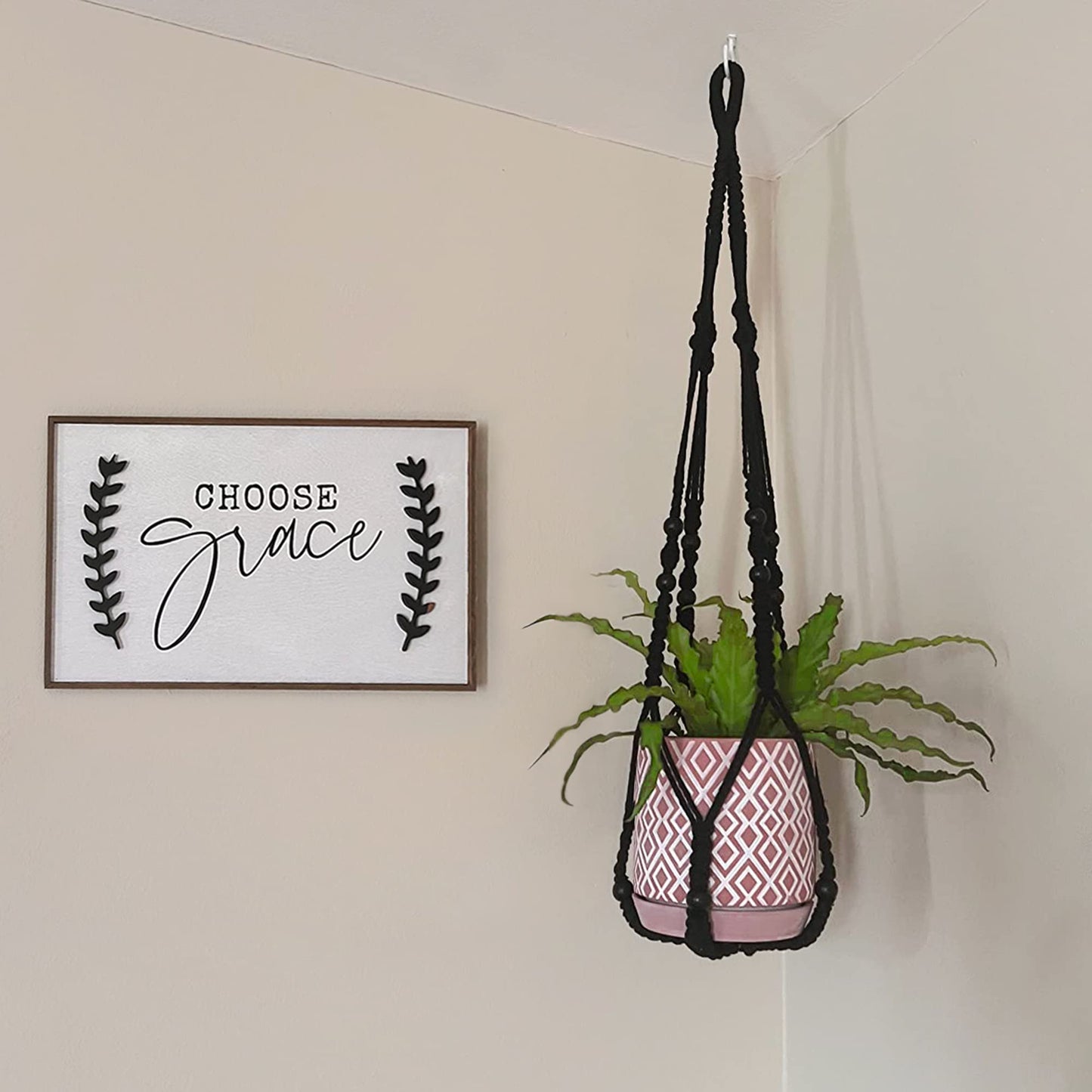 Mkono Macrame Plant Hanger Indoor Hanging Planter Basket and Ceiling Hooks, Wood Beads Decorative Flower Pot Holder for Indoor Outdoor Boho Home Decor, Black，Set of 2