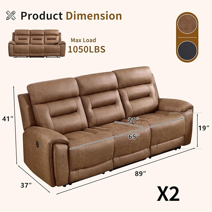 ANJ Power Oversized Reclining Sofa Couch Set of 2, Breathable Faux Leather