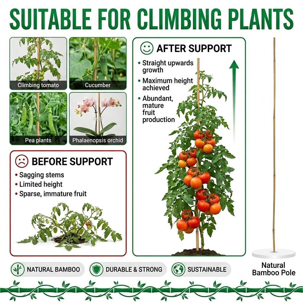 Plant Stakes Natural Bamboo Sticks - 30 Pcs Bamboo Garden Stakes for Plants 4.8 FT Plant Support Sticks with Twist Ties for Tomatoes Beans Flowers Indoor Outdoor Potted Climbing Plants