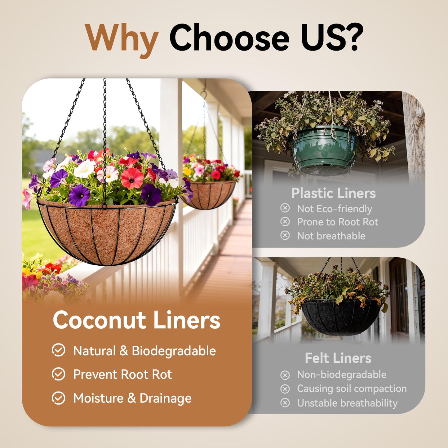 Halatool 3PCS 14 Inch Coco Liners for Hanging Baskets Round Hanging Basket Liners 100% Natural Coconut Husk Liner for Planters for Flowers Vegetables Indoor Outdoor Plants