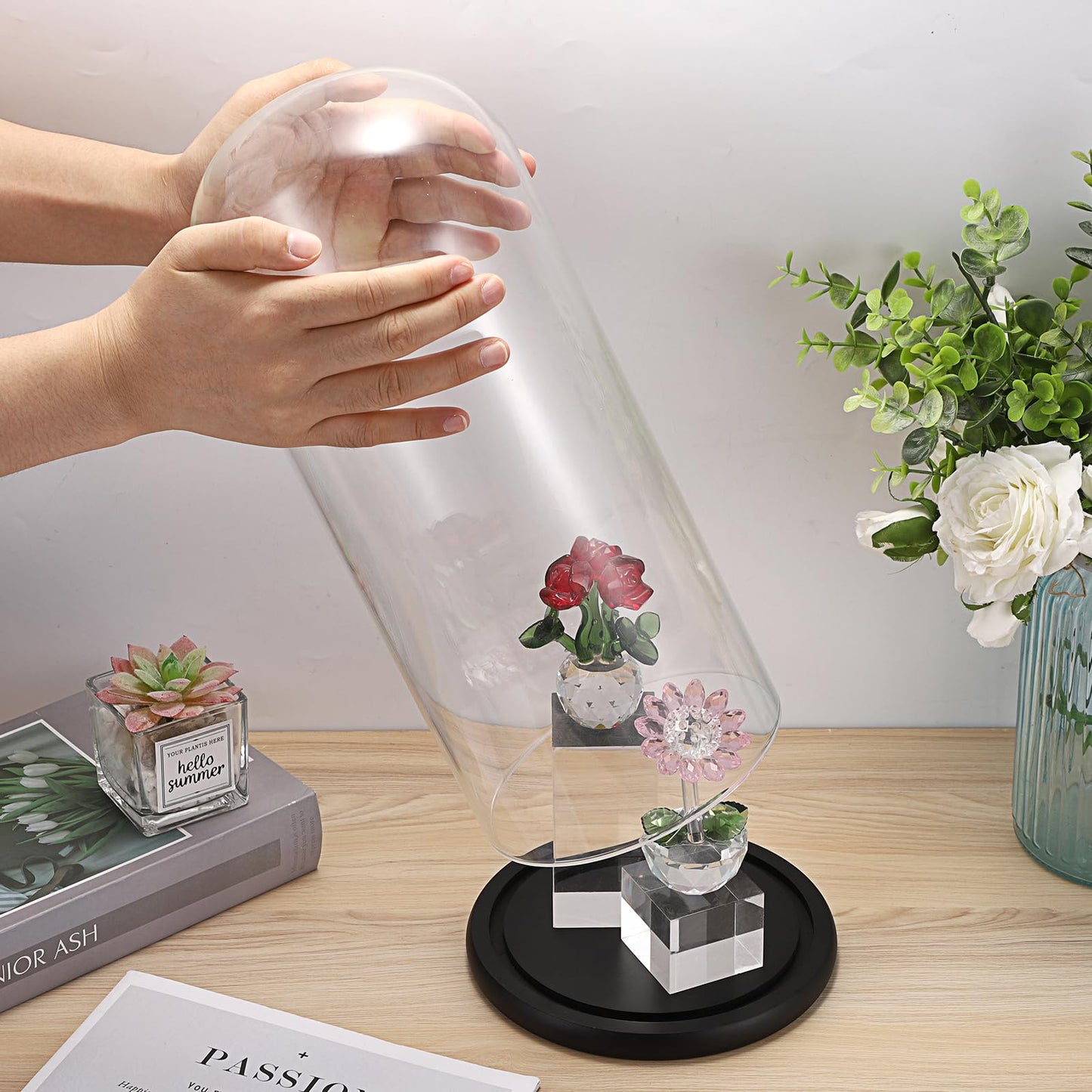 JUXYES 13.8 Inches Glass Display Dome Cloche with Black Wood Base, Clear Glass Dome Cloche Bell Terrarium Jar Glass Cloche Bell Jar Display for Plants Collectible Figure, 15x35cm