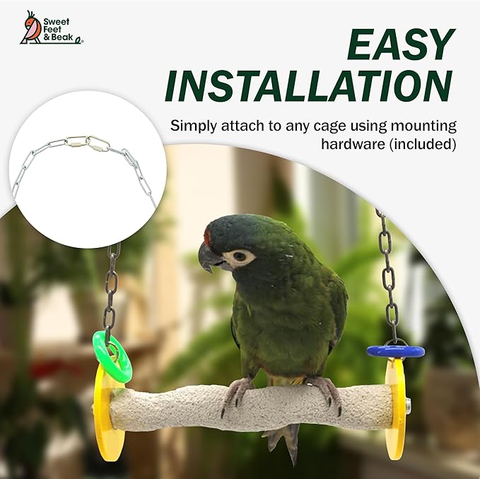 Sweet Feet and Beak Roll Bird Swing - Pumice Perch Bird Toys Trims Nails and Beaks, Safe Bird Cage Accessories for Small and Large Birds, Swinging Toys Birds Will Love, Large 10.5 Inches - Orange