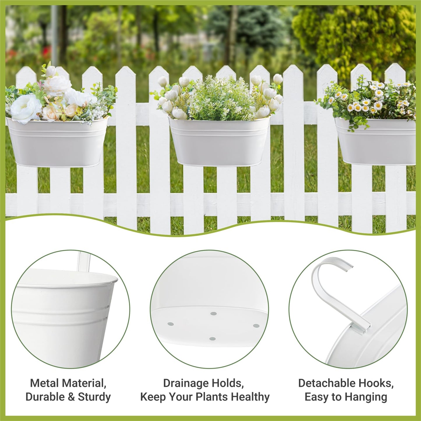 Dahey 10.5 Inch Metal Iron Hanging Flower Pots for Railing Fence Hanging Bucket Pots Countryside Style Outdoor Planter Window Flower Plant Holder with Detachable Hooks Home Decor,White,4 Pcs