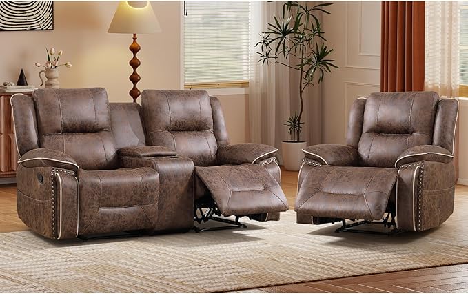 EBELLO Faux Leather Manual Recliner Sofa Set, 1 Seat Reclining Chair and a