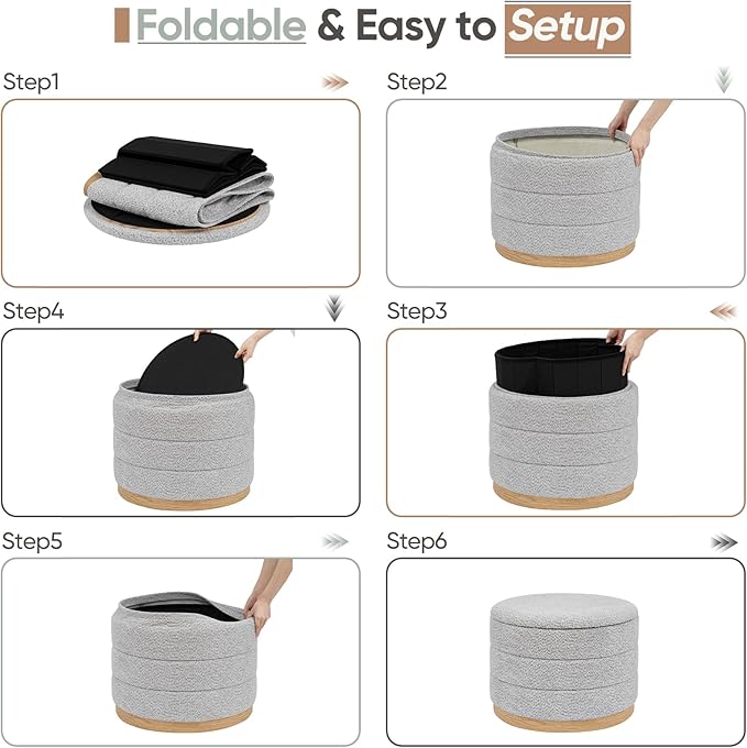 Round Storage Ottoman with Tray Lid, Folding Chenille Fabric Footrest with