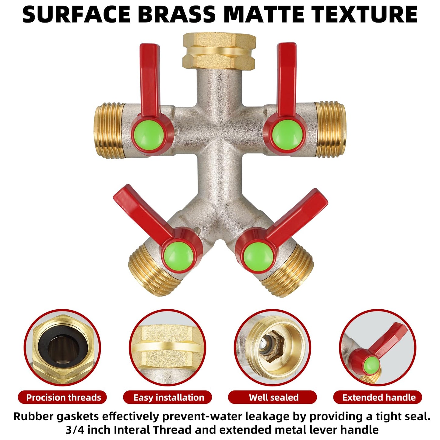 DINGBAI Hose Splitter 4 Way, High Flow Garden Hose Splitter, 3/4” Ght Inlet Brass Heavy Duty Hose Converter, Full Flow water 4 Way Faucet hose splitter, Long Handle Hose Valve Large Outlet.