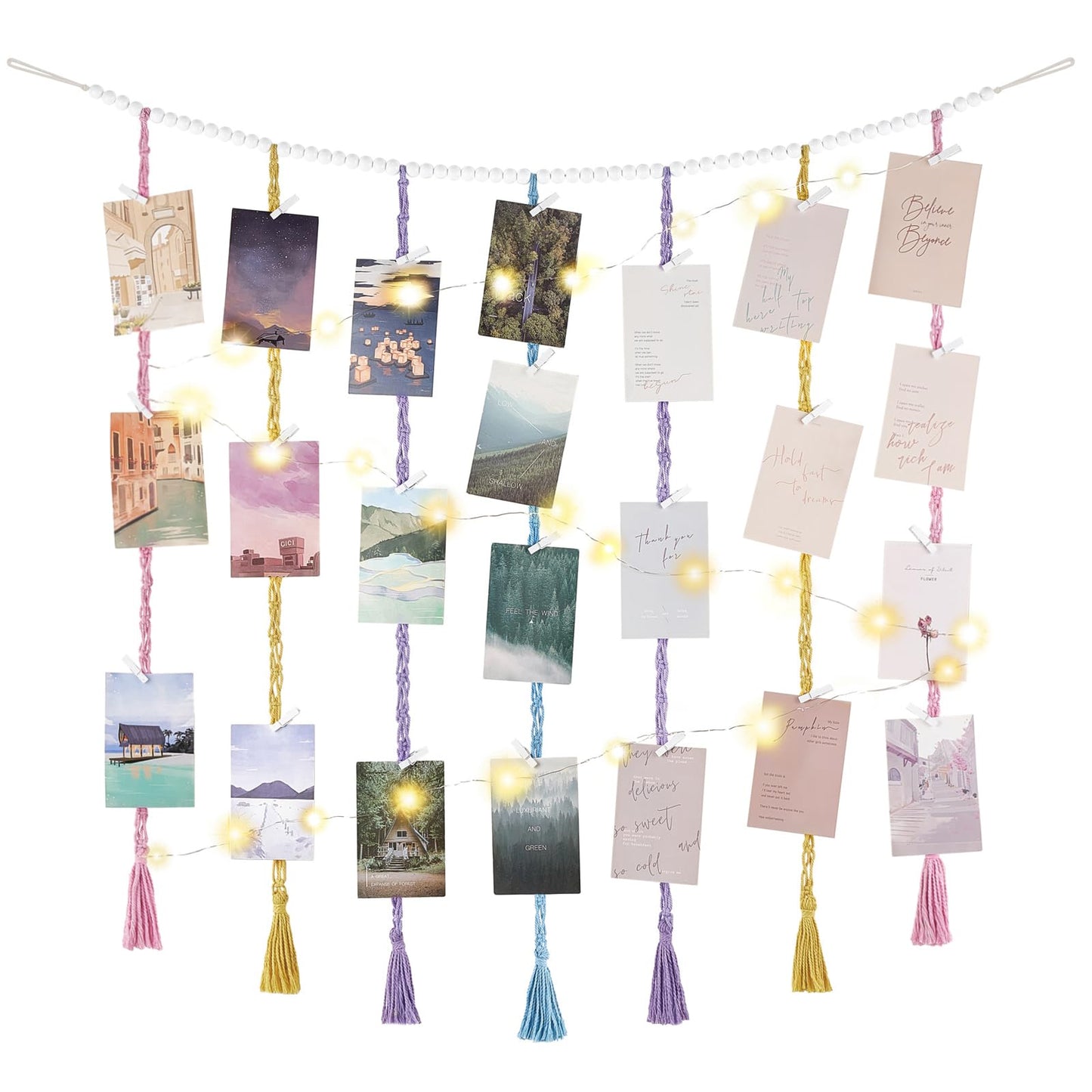 Mkono Macrame Hanging Photo Display Wall Decor with String Lights, Boho Wooden Beads Garland Collage Picture Card Frame Holder with 45 Clips for Bedroom Living Room Dorm, Teen Girls Gifts