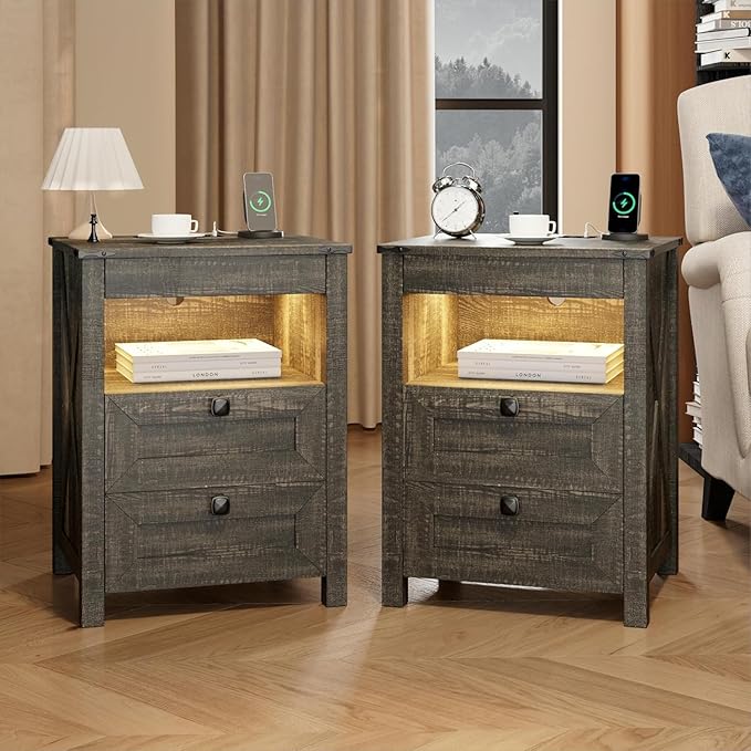 HWB Nightstands Set of 2 with Hidden Drawer, Farmhouse Bedside Table with