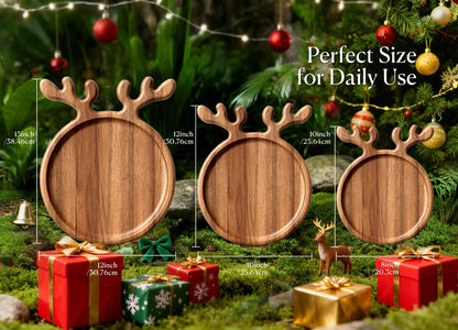 Dofira Acacia Antler Christmas Serving Platter, 12" x 15" Round Wooden Food Dish, Serving Dishes Charcuterie Board Tray for Cheese Fruit Bread, Christmas Platter for Housewarming, Mother’s Day