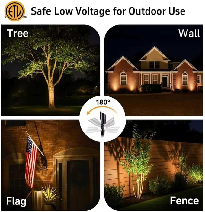 Gardenreet Spot Light Brass - Outdoor Landscape Spotlights 12V, LED Low Voltage Landscaping Uplights, All Weather Hard-Wired Black for Backyard Lawn with Warm White Changeable Bulbs (8 Pack)