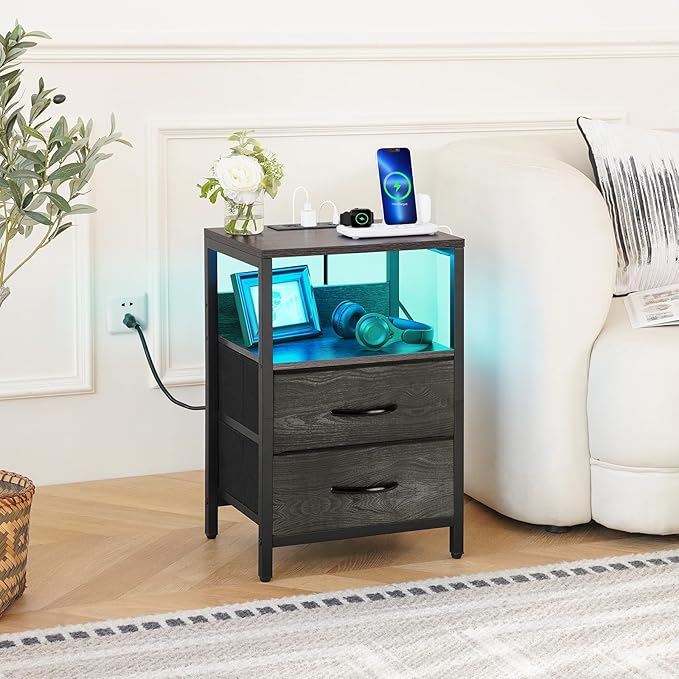 Yoobure Nightstand with Charging Station, LED Night Stand with Fabric Drawers
