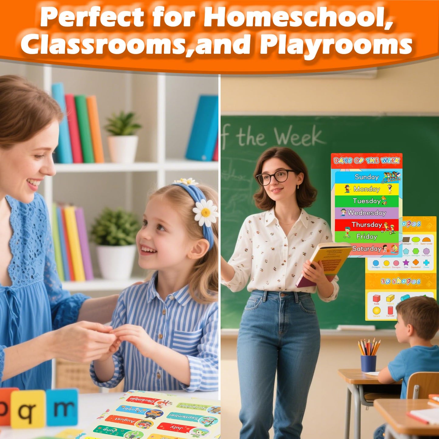 Educational Posters for Elementary Preschool Kindergarten Classroom Learning, Preschool Learning Posters for ABC Alphabet, Time, Number, Months, Colors, Weather, Galaxies , Animals, More, 16.5x11 Inch (16P)
