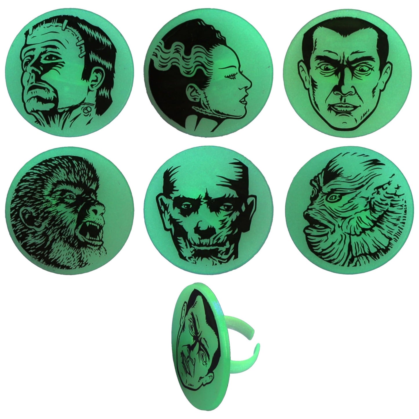 24 Universal Monsters Glow In The Dark Cupcake Rings, Halloween Cupcake Decorations, Including Dracula, Frankenstein, Wolf Man, The Mummy, Invisible Man, Food Safe Cupcake Toppers – 24 Pack