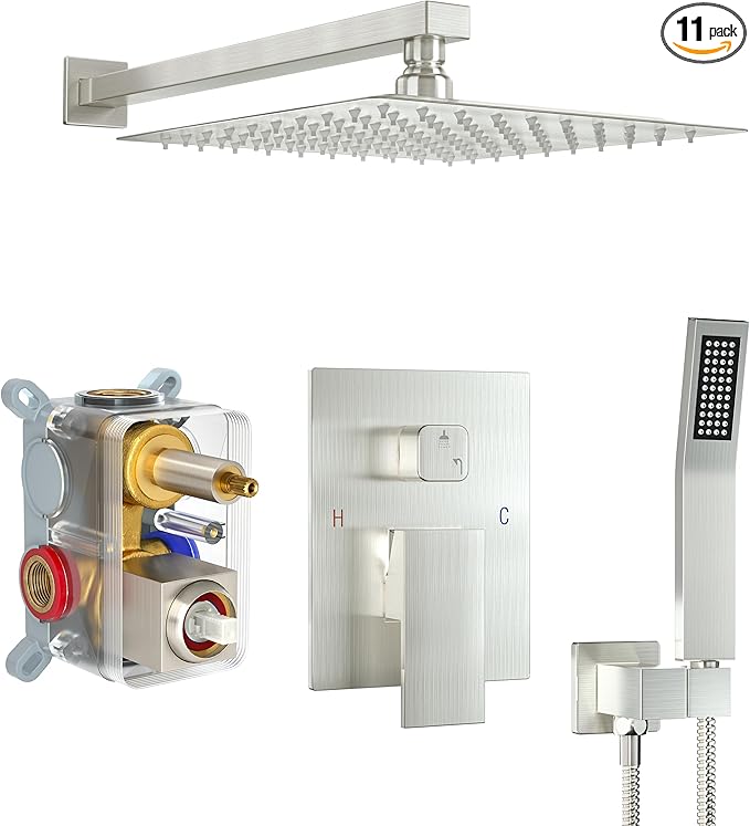Brushed Nickel Shower System with 10-Inch Rain Showerhead and Handheld | Innovative air-injection technology for low pressure, high-flow rate up to 3.22 GPM ensuring powerful consistent stream