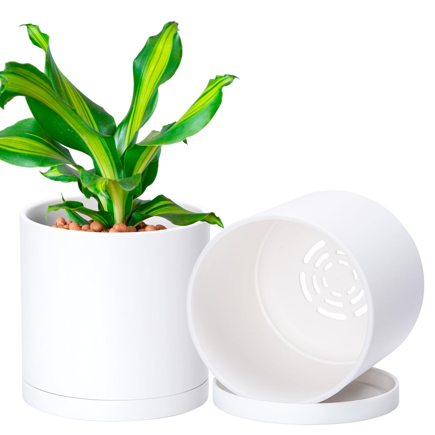 D'vine Dev 2 Pack 5.5 Inch Modern Plastic Plant Pots, Small Garden Planters for Plant with Drainage Holes and Saucers, White Color, 74-Z-H-1