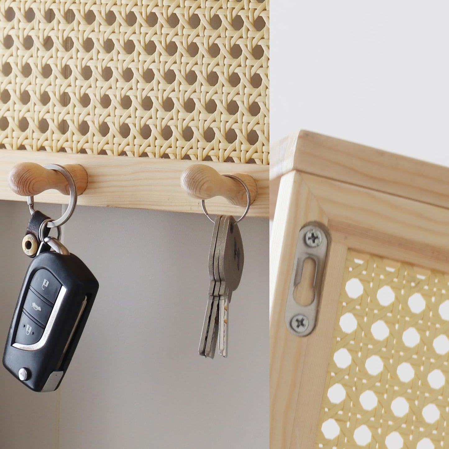 FRIADE PE Rattan Key Holder with 4 Key Hooks ,Wall Mounted Decorative Floating Shelf for Entryway,Nursery,Mudroom, Hallway, Office (Burlywood)