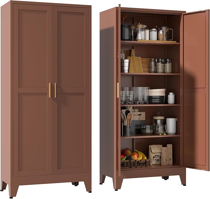 YAUWOH 71''Metal Cabinet with 4 Adjustable Shelves, 5-Tier Pantry Storage