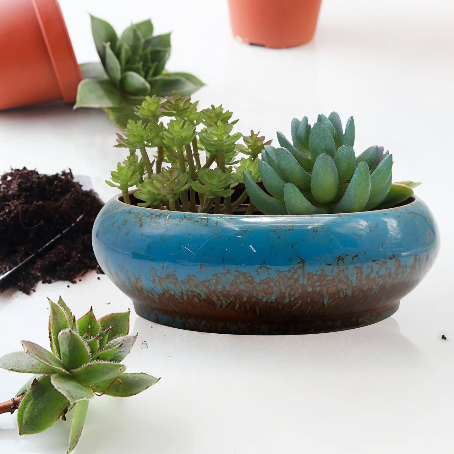 CADUFUELLY 7.3inch * 2.3inch, kiln Transformation Process, Round Ceramic Flower Pot with Drain Hole, Potted Landscape Flower Pot, Garden Decoration Cactus Bracket Flower Container (Blue)