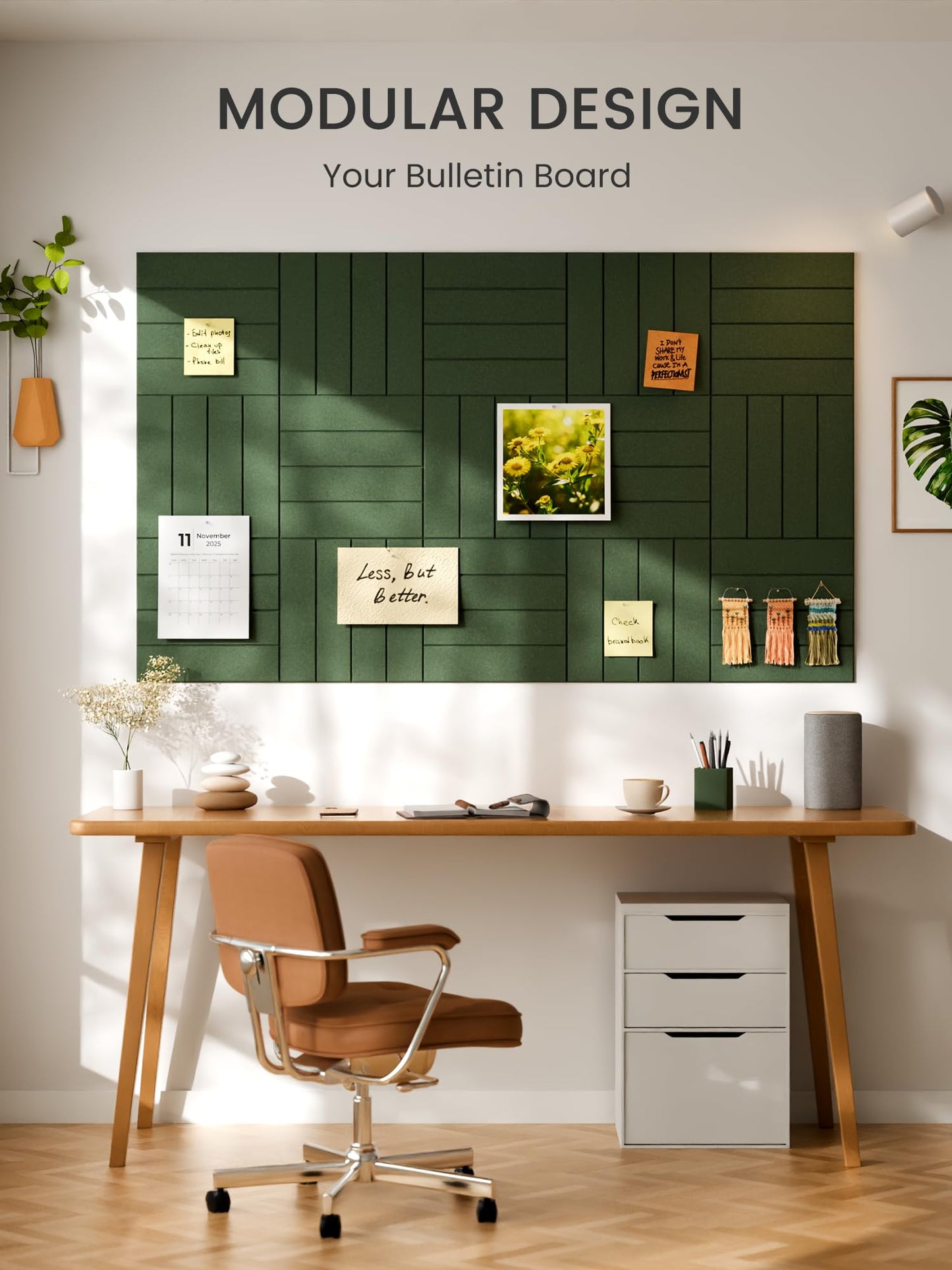 Bumusty Large Cork Board Alternative-36 x 24" Felt Bulletin Board Tiles, with 30 Pushpins, 40 Adhesive Tabs, Bold-Stripe 6-Pack, Cork Boards for Office Push Pin Board Felt Board-Moss Green