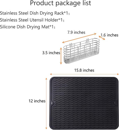 NiuYichee Stainless Steel Dish Drying Rack(15"L X 12.6"W X 4.7"H), Expandable Fruit & Vegetable Drain Rack over Sink, Dish Drainer Rack in Sink, with Stainless Steel Utensil Holder & Silicone Mat(16")