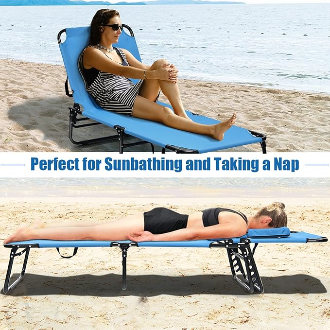 Folding Beach Lounge Chair w/ 5 Adjutable Backrest & Padded Pillow, Sunbathing