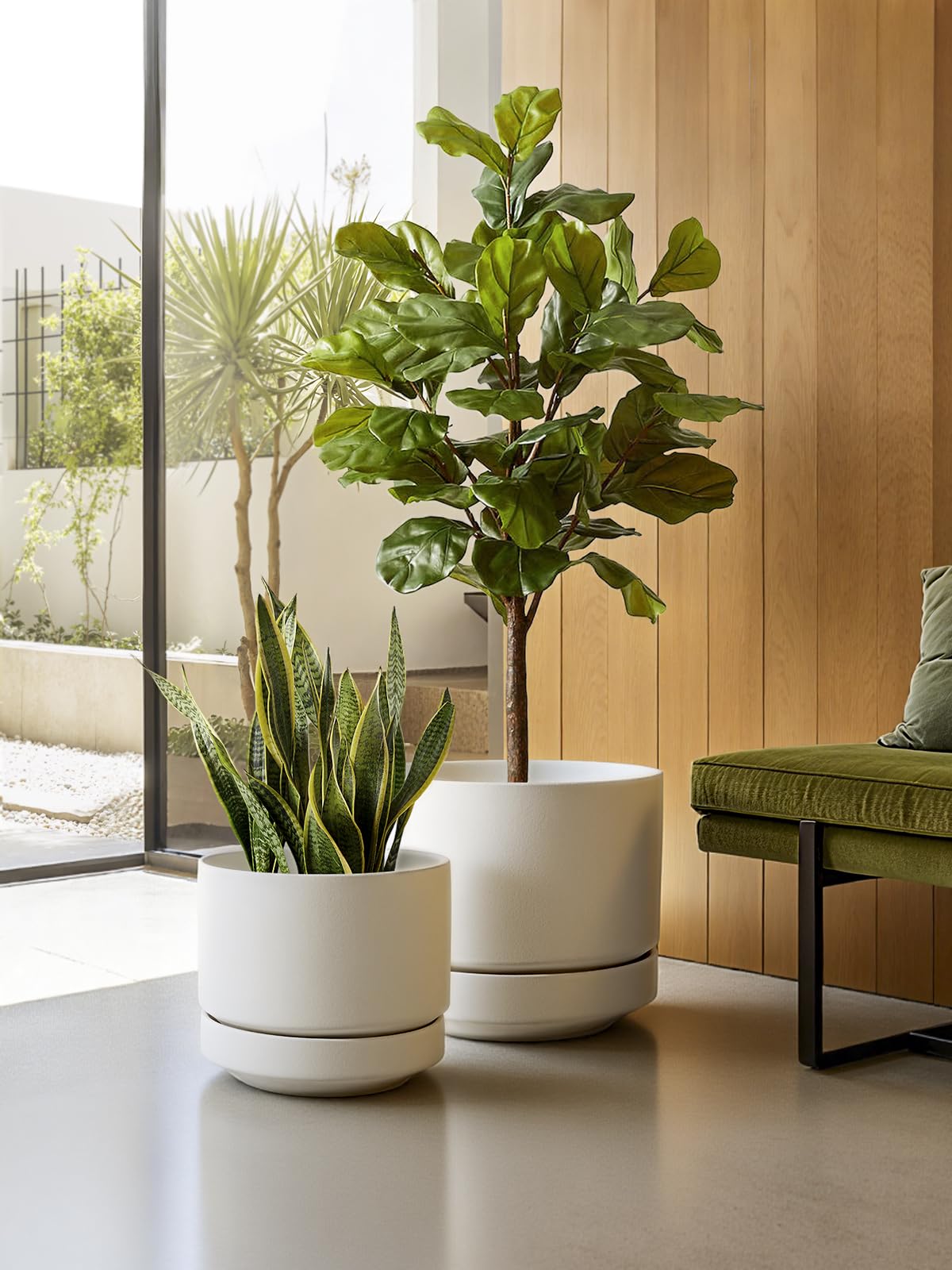 LE TAUCI 12 Inch Pots for Plants with Saucer | Ceramic Outdoor & Indoor Planter Pot for Plants | Drainage Hole, Mesh Pad | Unglazed Porous | Modern for Home, Office and Patio – Chalk White