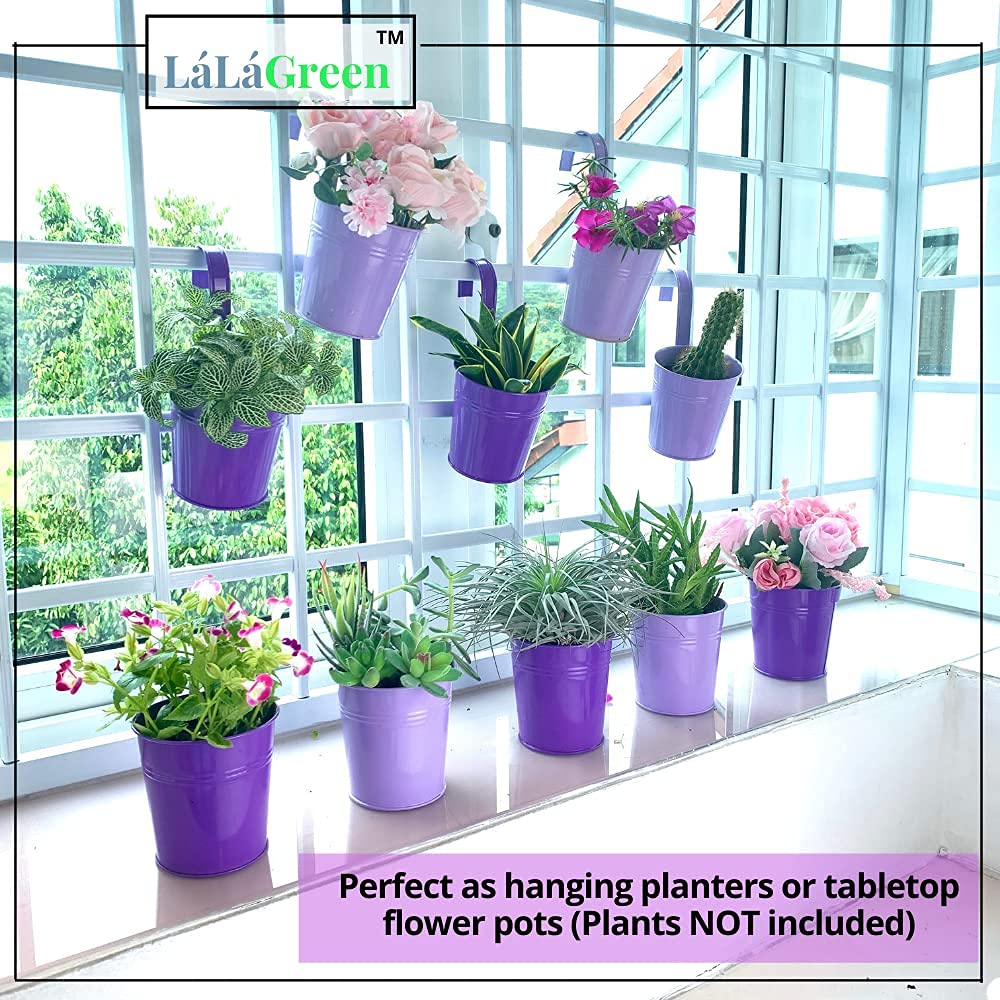 LaLaGreen Hanging Planter Outdoor - 10 Pack, 4 Inch Fence Planters Outdoor Purple Hanging Window Flower Bucket Metal Succulent Pots Balcony Railing Wall Garden Deck Porch Herb Plant Macetas Exterior